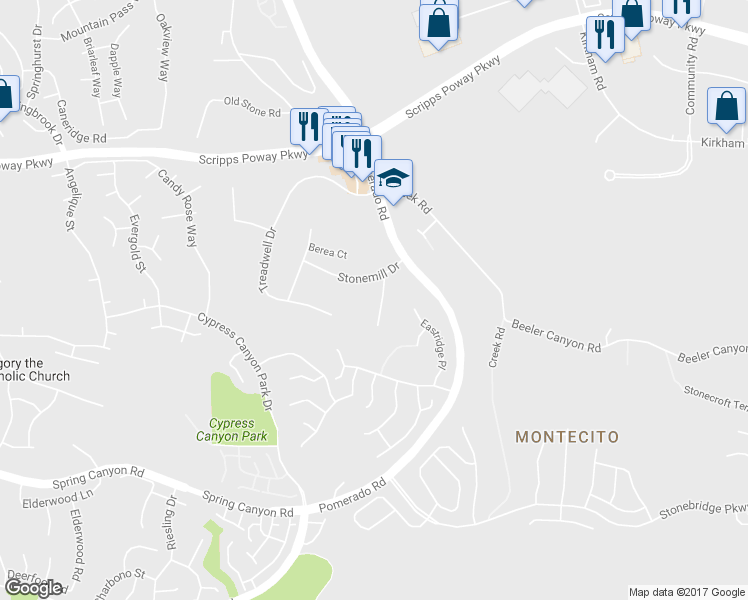 map of restaurants, bars, coffee shops, grocery stores, and more near 11704 Eastfield Road in Poway