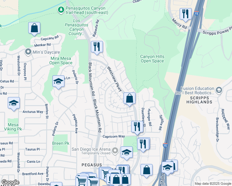 map of restaurants, bars, coffee shops, grocery stores, and more near 9500 Questa Pointe in San Diego