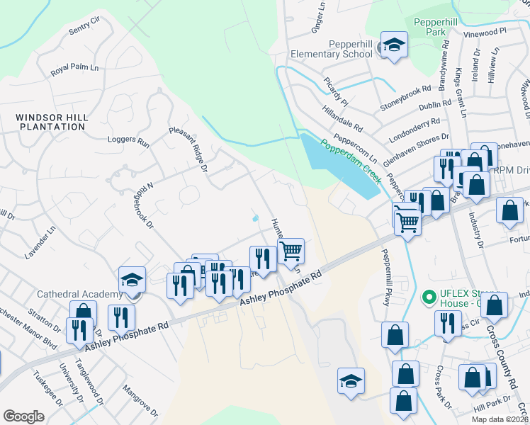 map of restaurants, bars, coffee shops, grocery stores, and more near 7642 Hunters Ridge Lane in North Charleston