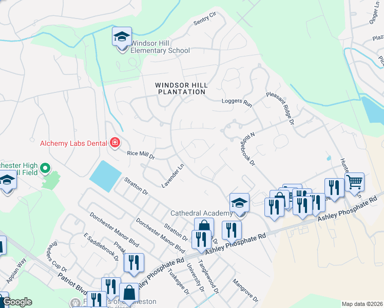 map of restaurants, bars, coffee shops, grocery stores, and more near 8387 Highland Ridge Court in Charleston