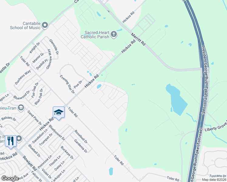 map of restaurants, bars, coffee shops, grocery stores, and more near 3821 Margo Mews in Rowlett