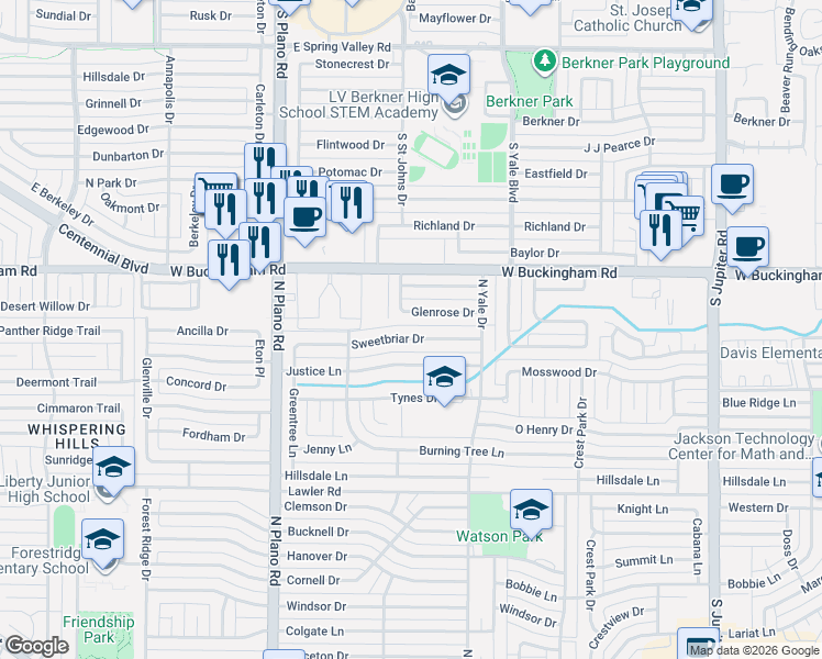 map of restaurants, bars, coffee shops, grocery stores, and more near 4114 Glenrose Drive in Garland