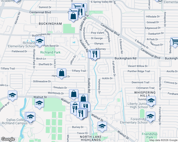 map of restaurants, bars, coffee shops, grocery stores, and more near 651 Sheffield Drive in Richardson