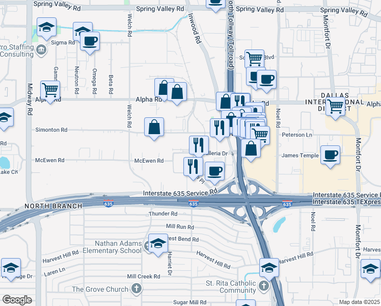 map of restaurants, bars, coffee shops, grocery stores, and more near 5005 Galleria Drive in Farmers Branch