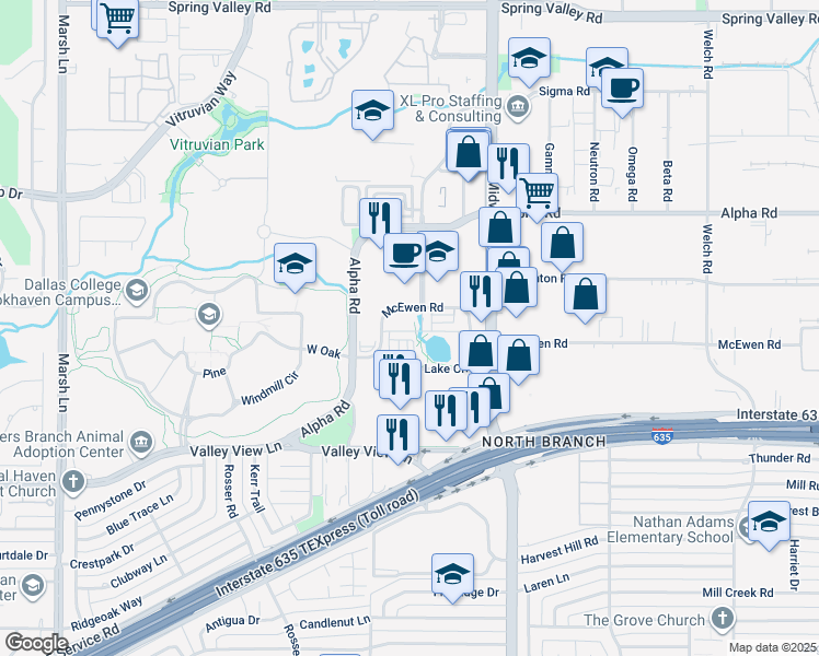 map of restaurants, bars, coffee shops, grocery stores, and more near 4100 McEwen Road in Dallas