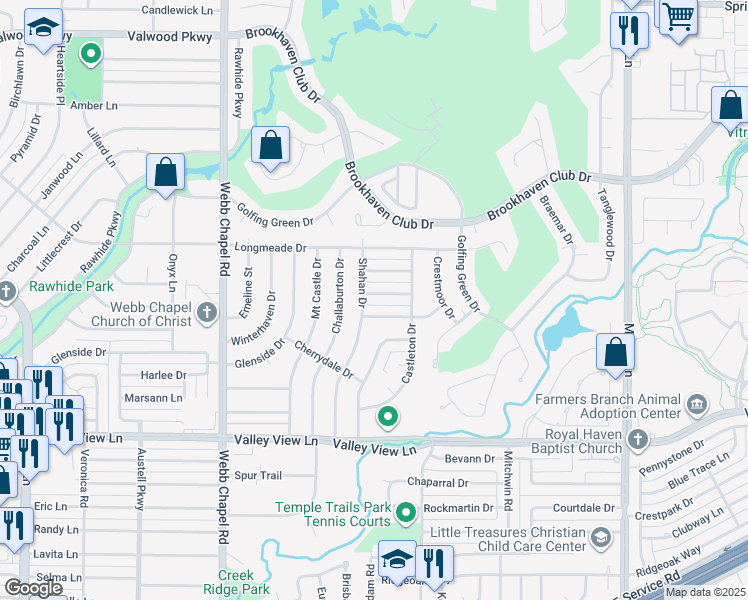 map of restaurants, bars, coffee shops, grocery stores, and more near 3306 Portlock Drive in Farmers Branch