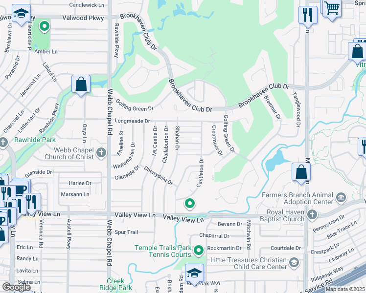 map of restaurants, bars, coffee shops, grocery stores, and more near 3306 Portlock Drive in Farmers Branch