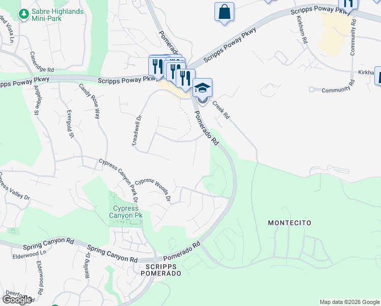 map of restaurants, bars, coffee shops, grocery stores, and more near 11704 Eastfield Road in Poway