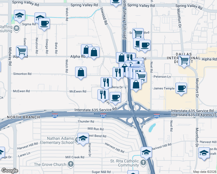 map of restaurants, bars, coffee shops, grocery stores, and more near Galleria Drive in Farmers Branch
