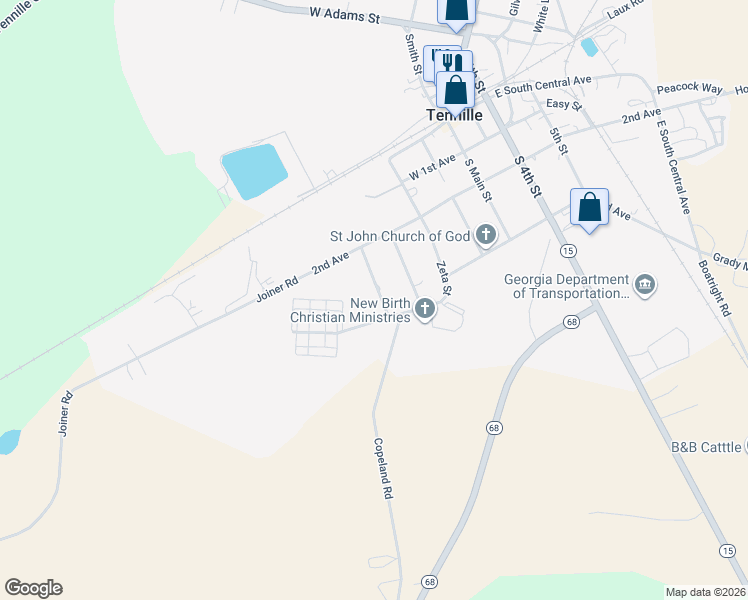 map of restaurants, bars, coffee shops, grocery stores, and more near 332 Burdett Street in Tennille