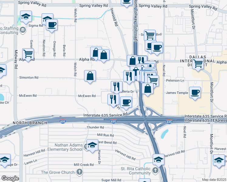 map of restaurants, bars, coffee shops, grocery stores, and more near Galleria Drive in Dallas