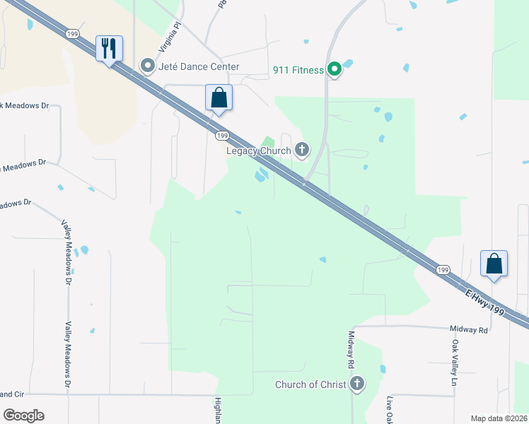 map of restaurants, bars, coffee shops, grocery stores, and more near 330 Pine Bluff Lane in Springtown