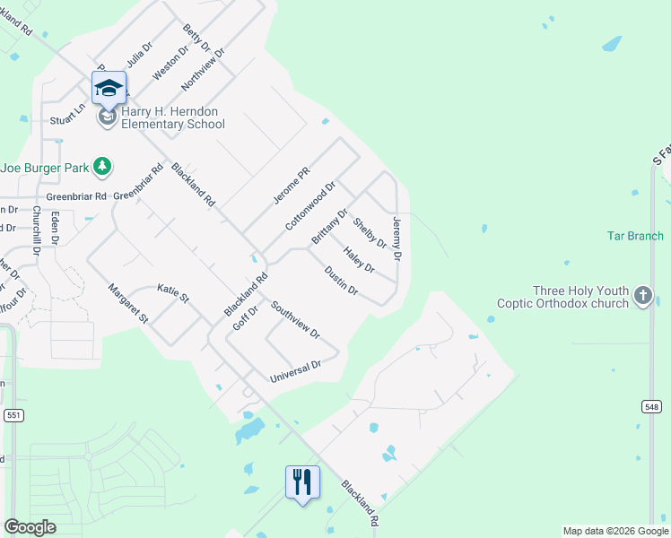 map of restaurants, bars, coffee shops, grocery stores, and more near 105 Dustin Drive in Royse City