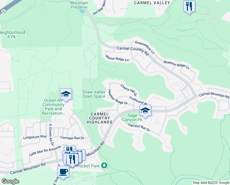 map of restaurants, bars, coffee shops, grocery stores, and more near 10791 Heather Ridge Drive in San Diego