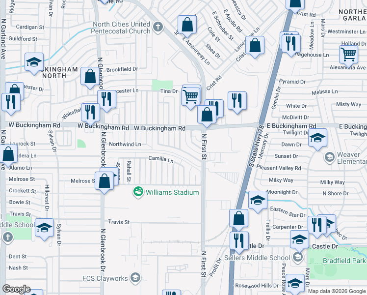 map of restaurants, bars, coffee shops, grocery stores, and more near 1901 Lamont Drive in Garland