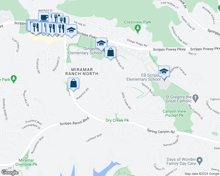map of restaurants, bars, coffee shops, grocery stores, and more near 11573 Scripps Creek Drive in San Diego