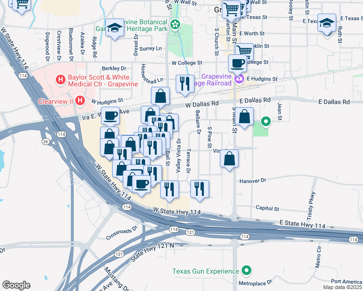map of restaurants, bars, coffee shops, grocery stores, and more near 1131 Valley Vista Dr in Grapevine