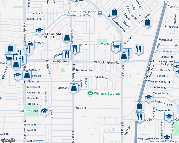 map of restaurants, bars, coffee shops, grocery stores, and more near 526 Northwind Lane in Garland