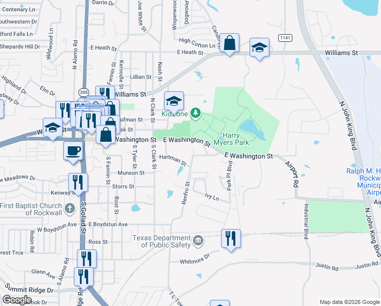 map of restaurants, bars, coffee shops, grocery stores, and more near 206 Renfro Street in Rockwall
