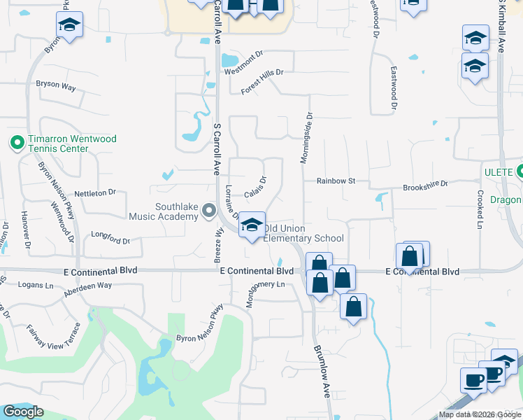 map of restaurants, bars, coffee shops, grocery stores, and more near 618 Bordeaux Drive in Southlake