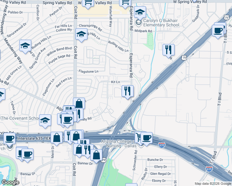 map of restaurants, bars, coffee shops, grocery stores, and more near 13323 Esperanza Road in Dallas