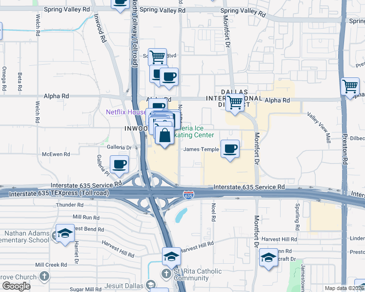 map of restaurants, bars, coffee shops, grocery stores, and more near 13330 Noel Road in Dallas