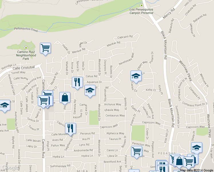 map of restaurants, bars, coffee shops, grocery stores, and more near 11350 Squamish Road in San Diego