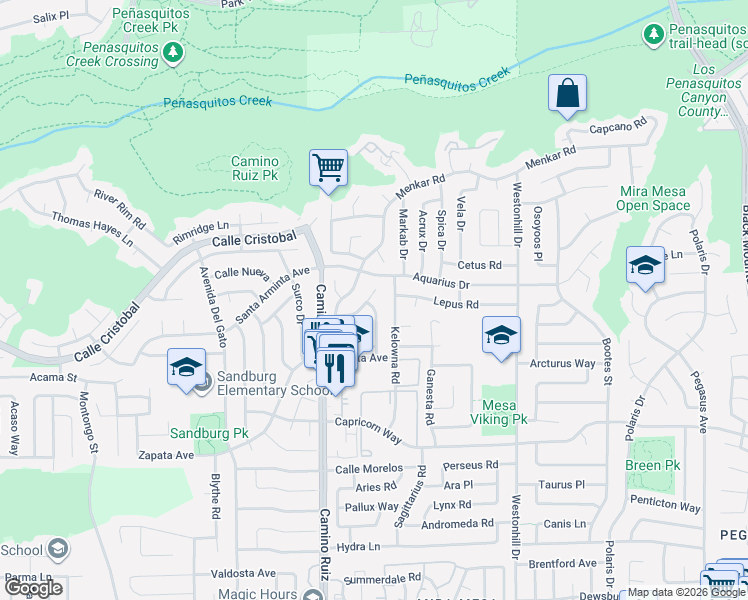 map of restaurants, bars, coffee shops, grocery stores, and more near 8452 Travis Court in San Diego