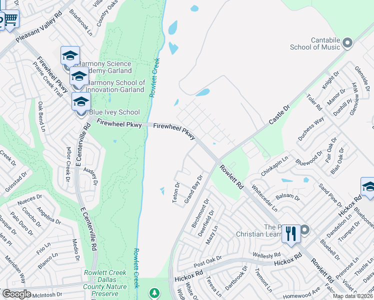 map of restaurants, bars, coffee shops, grocery stores, and more near 3229 Rough Creek Drive in Garland