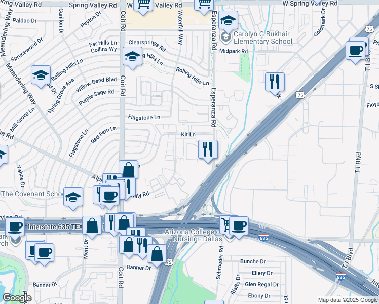 map of restaurants, bars, coffee shops, grocery stores, and more near 13354 Emily Road in Dallas