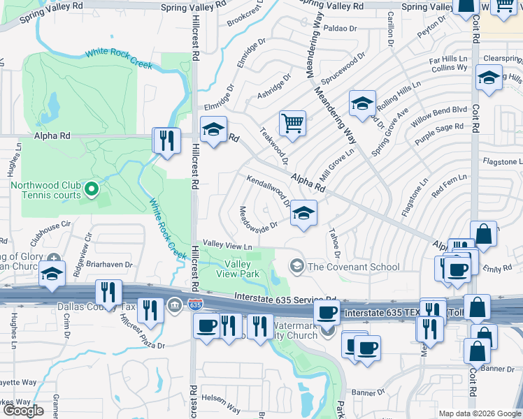 map of restaurants, bars, coffee shops, grocery stores, and more near 13230 Wittmore Circle in Dallas