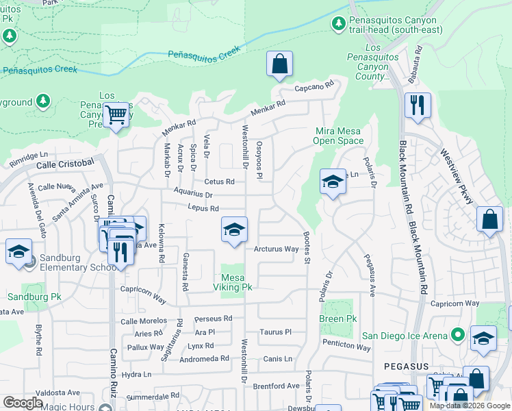 map of restaurants, bars, coffee shops, grocery stores, and more near 11350 Squamish Road in San Diego