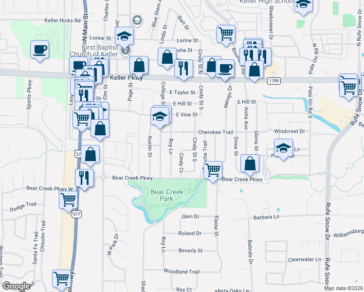 map of restaurants, bars, coffee shops, grocery stores, and more near 313 Cindy Court in Keller