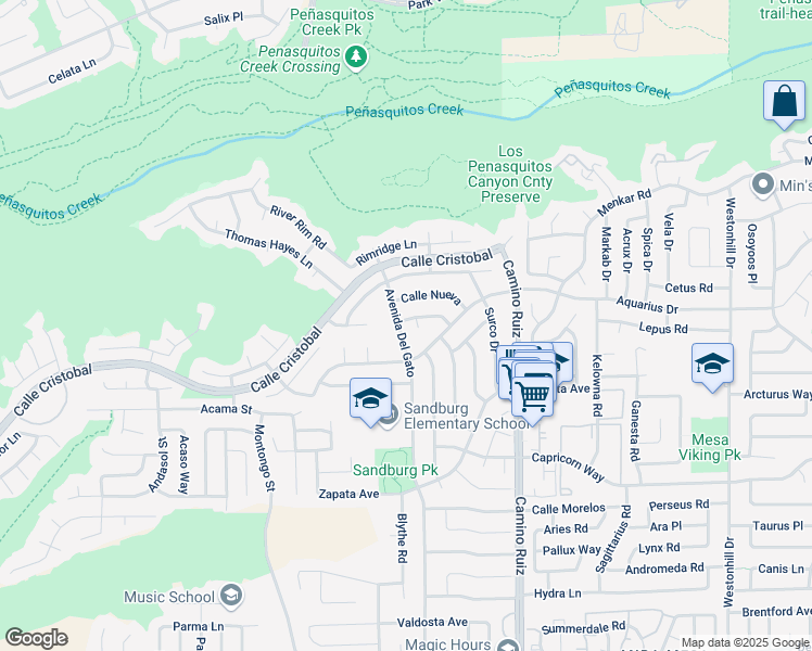 map of restaurants, bars, coffee shops, grocery stores, and more near 11421 Avenida Del Gato in San Diego