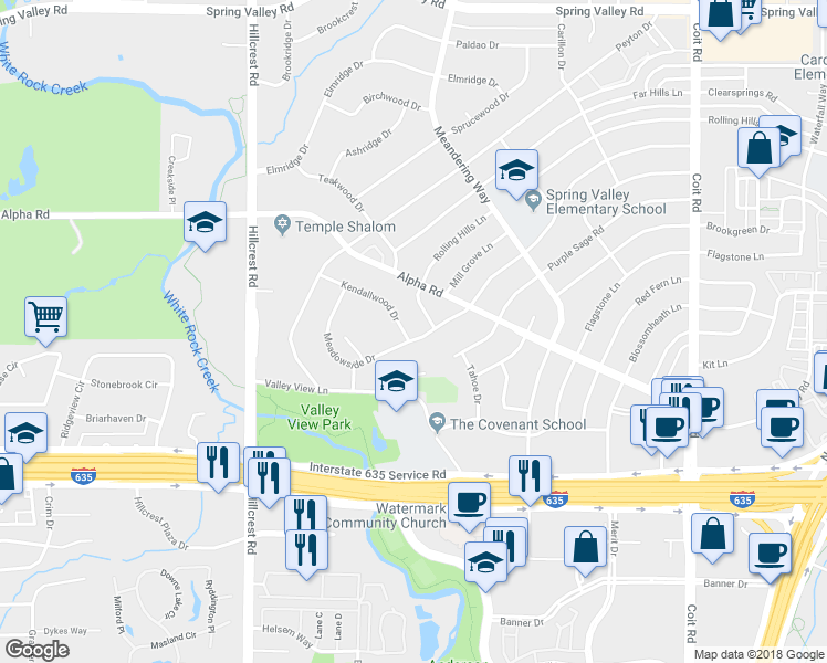 map of restaurants, bars, coffee shops, grocery stores, and more near 7191 Kendallwood Drive in Dallas