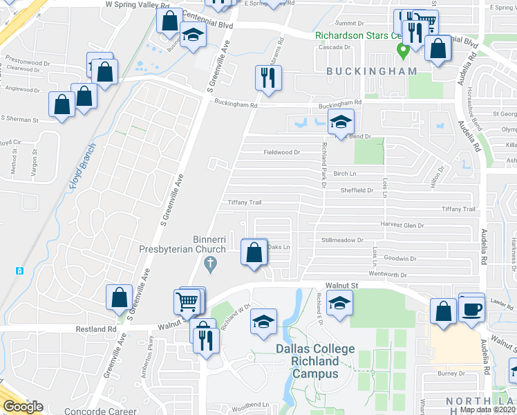 map of restaurants, bars, coffee shops, grocery stores, and more near 430 Tiffany Trail in Richardson