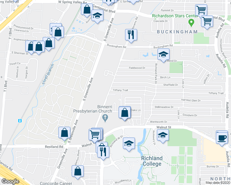 map of restaurants, bars, coffee shops, grocery stores, and more near 410 Tiffany Trail in Richardson