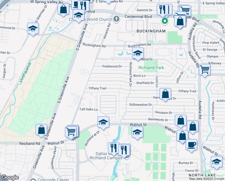 map of restaurants, bars, coffee shops, grocery stores, and more near 448 Tiffany Trail in Richardson