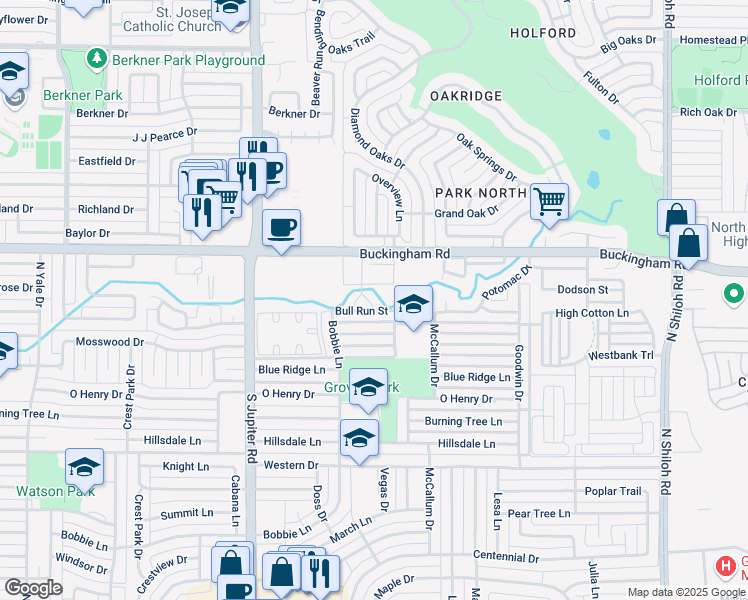 map of restaurants, bars, coffee shops, grocery stores, and more near 3214 Buckingham Road in Garland