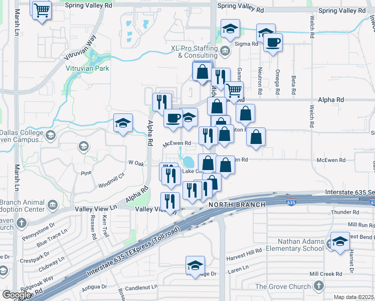 map of restaurants, bars, coffee shops, grocery stores, and more near 4100 McEwen Road in Dallas