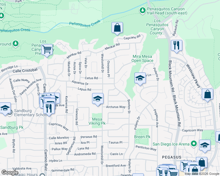 map of restaurants, bars, coffee shops, grocery stores, and more near 11350 Squamish Road in San Diego