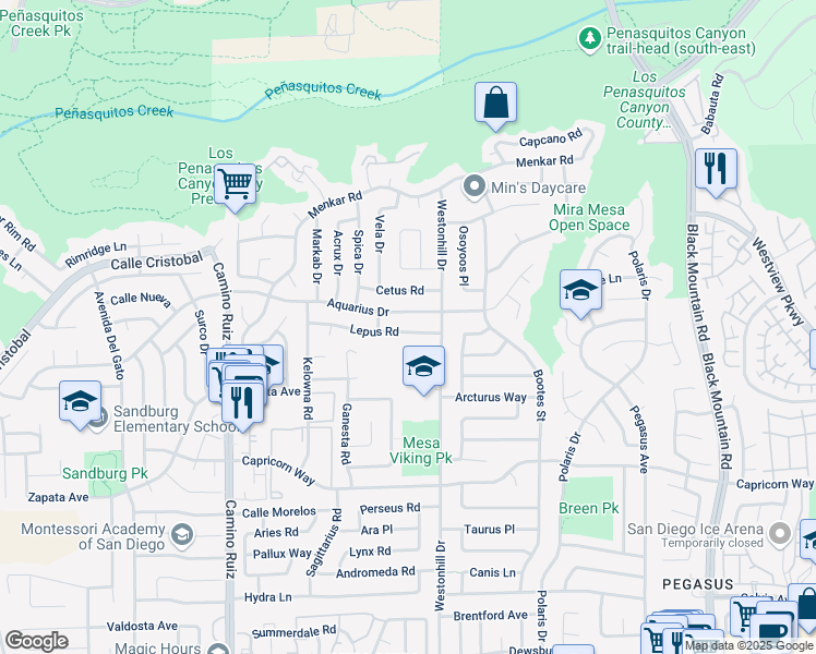 map of restaurants, bars, coffee shops, grocery stores, and more near 8696 Lepus Road in San Diego