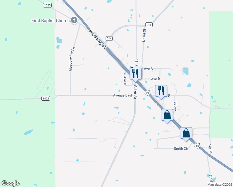 map of restaurants, bars, coffee shops, grocery stores, and more near County Road 1402 in Point