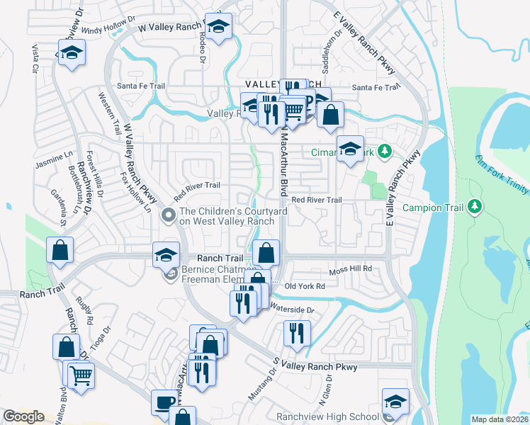 map of restaurants, bars, coffee shops, grocery stores, and more near 553 Ranch Trail in Irving