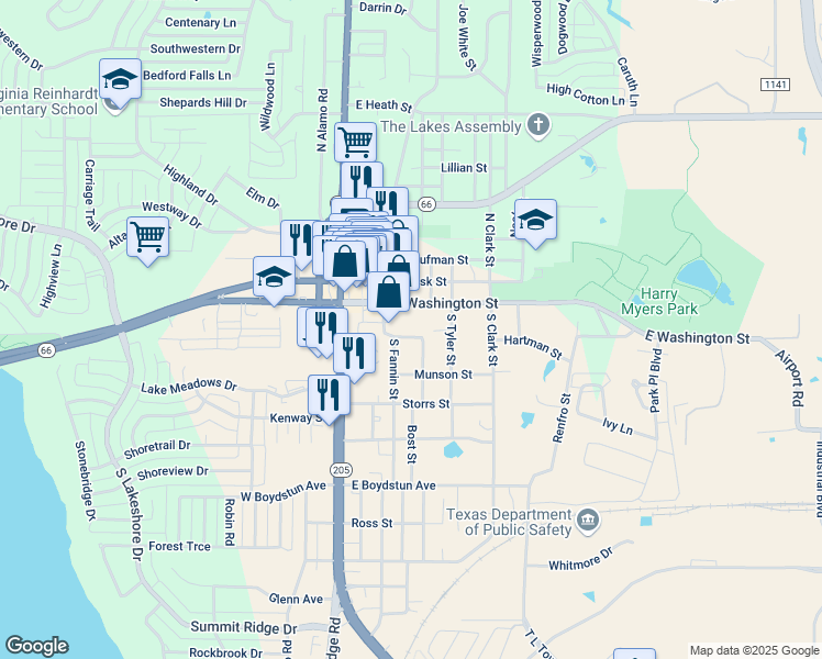 map of restaurants, bars, coffee shops, grocery stores, and more near 305 Denison Street in Rockwall