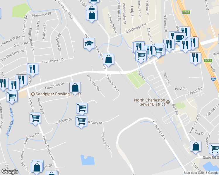 map of restaurants, bars, coffee shops, grocery stores, and more near 7395 East Spartan Boulevard in North Charleston