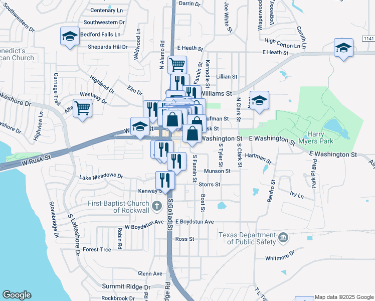 map of restaurants, bars, coffee shops, grocery stores, and more near 302 South Fannin Street in Rockwall