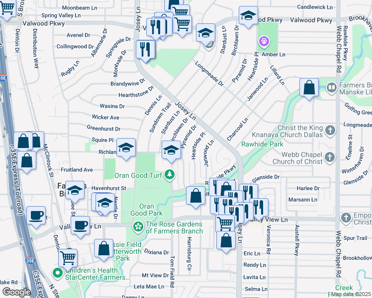 map of restaurants, bars, coffee shops, grocery stores, and more near 13608 Pyramid Dr in Farmers Branch