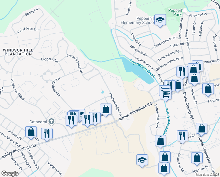 map of restaurants, bars, coffee shops, grocery stores, and more near 7642 Hunters Ridge Lane in North Charleston