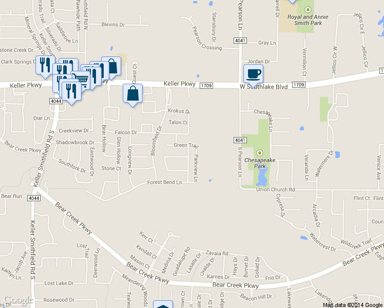 map of restaurants, bars, coffee shops, grocery stores, and more near 305 Bramble Woods in Keller
